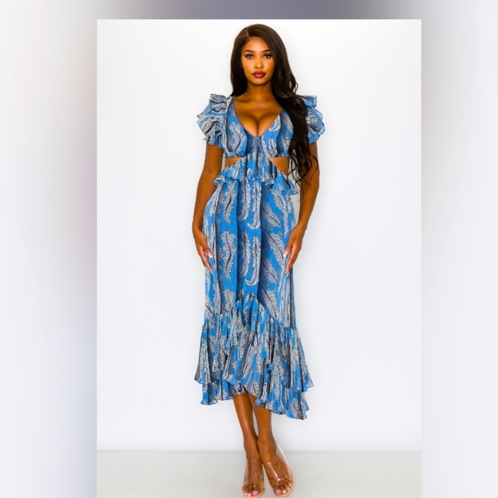 Chiffon print ruffle sleeve midi dress